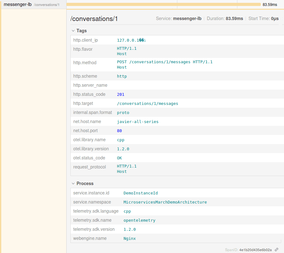 Screenshot of Jaeger GUI showing the parent span in the NGINX (messenger-lb) section of the trace
