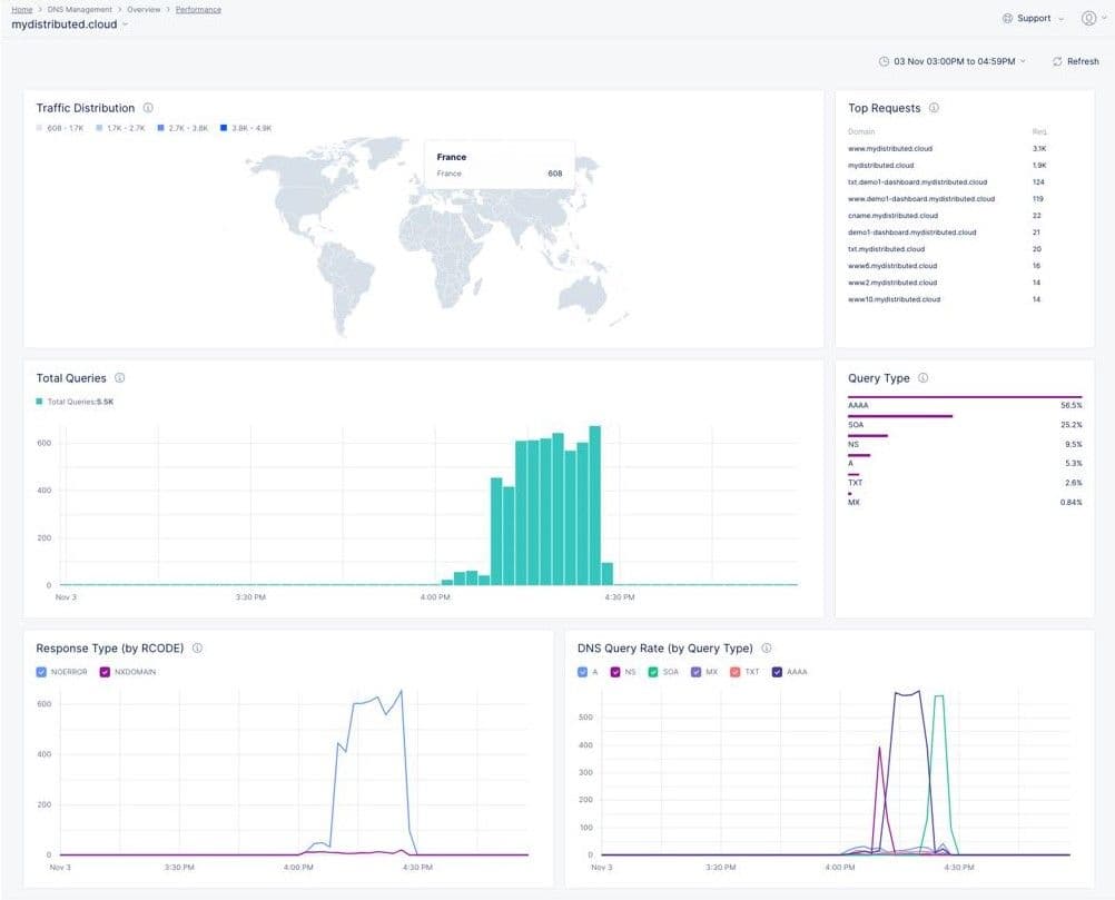 Visibility is key. Look for a DNS service provider that furnishes your team with dashboards like this one. Inspect query type, traffic distribution, response type, and more to keep your network in top shape.